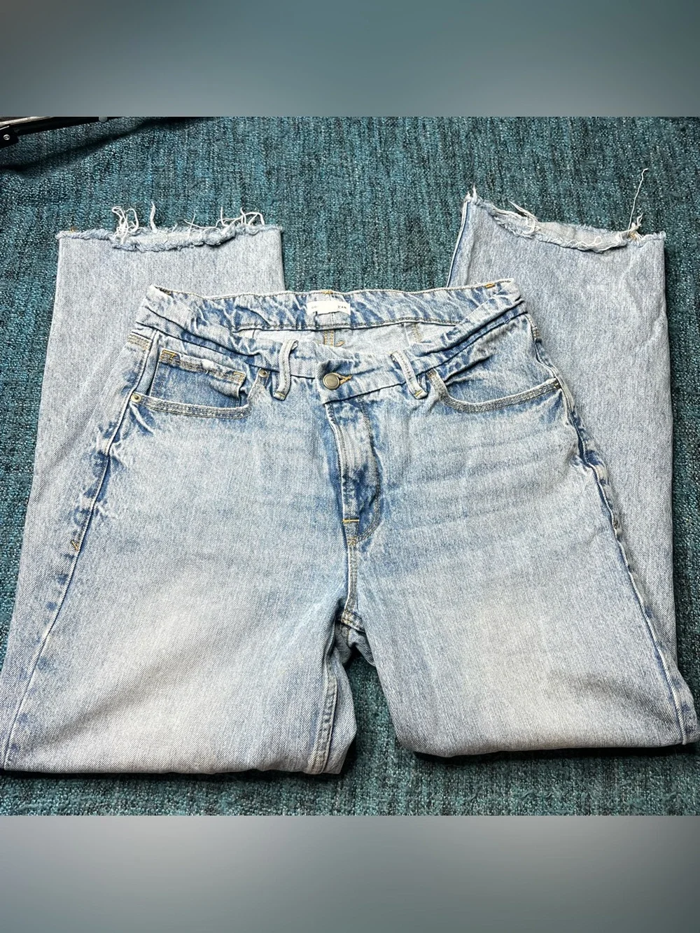 Good American Crossover Waist Straight Leg Jeans Raw Hem Women's Size 6/28